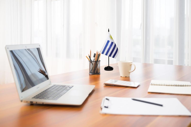 tibijoy Uruguay Uruguayan Small Mini Desk Flag Set Miniature Uruguay Uruguayan Table Office Flag with 13" Black Pole, Black Base, Miniature Uruguay Deluxe Desktop Flag(2 Pack) - Image 4